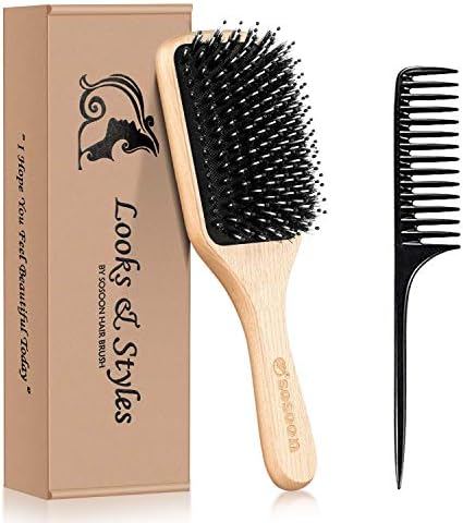 Hair Brush, Sosoon Boar Bristle Paddle Hairbrush for Long Short Thick Thin Curly Straight Wavy Dry Hair for Men Women Kids, No More Tangle, Giftbox & Tail Comb Included by Sosoon