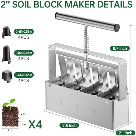 Soil Blocker, 2 Inch Soil Block Maker with 3 Sizes Seed Pins & Comfortable Handle 4 Cell Handlheld Soil Blocking Tool for Seed Starting, Grow Seedling, Outdoor Plants, Greenhouses, Garden - Image 2