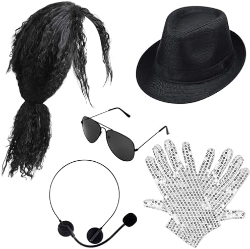 80s Pop Rockstar Dance Costume Accessories,Balck Curly Wig Sequins Gloves Sunglasses Performance Costume Kit by Matiniy