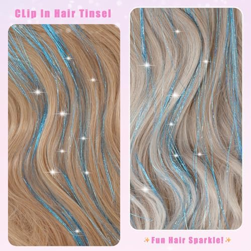 18 Pcs Hair Tinsel Clip in, 20.5 Inch Glitter Tinsel Hair Extensions, Shiny Sparkling Fairy Hair Tinsel Clips, Dazzling Party Hair Accessories for Girls Women Kids (Sky blue) - Image 3