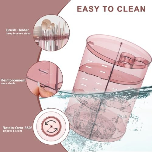 Rotating Makeup Organizer, DIY 8 Adjustable Layers Spinning Skincare Storage, Cosmetic Display Case with Brush Holder and Perfume Tray, Multi-Function Vanity Bathroom Countertop Organizer Clear Pink - Image 4