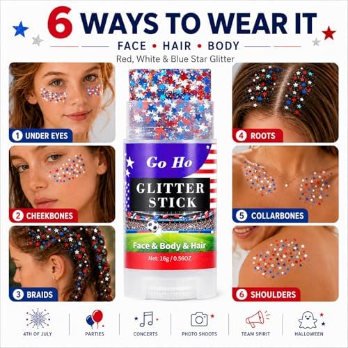 Go Ho Red White and Blue Star Face Glitter Stick,Waterproof Body&Hair Glitter,4th of July Accessories,Patriotic USA Flag Sparkle Stick for Soccer Game Independence Day 250 Anniversary Makeup - Image 4