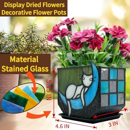 Tiffany Stained Glass Funny Moon Sleeping Cat Planter,Flower Pots for Indoor Plants,Plant Pot with Drainage,Cute Grey Cat Plant Pots,Gifts for Plant Lovers,4.6x3x5.15 in - Image 3