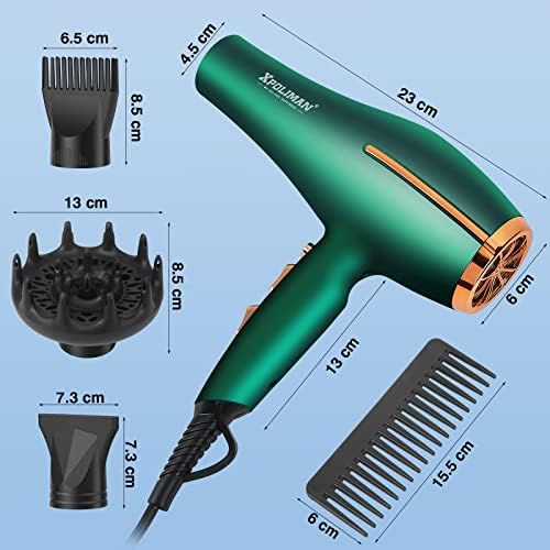 Pro Ionic Salon Hair Dryer,Xpoliman Blow Dryer,Powerful 2000 Watt with AC Motor,Quick Drying Hairdryers Diffuser Fast Dryer Lightweight Best Soft Touch Body -Green & Gold - Image 4