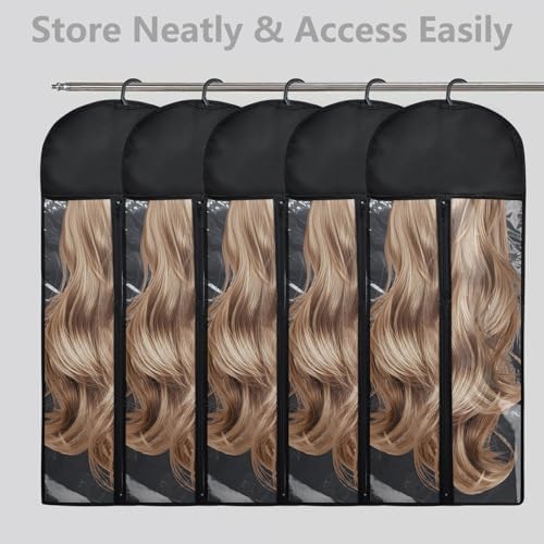 5Pcs 31.5in Hair Extension Holder Wig Storage Bag with Hanger, Black - Image 6
