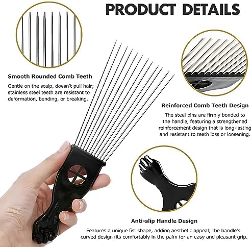 3-Piece Stainless Steel Afro Hair Pick Set, Fist Design for Men & Women, Perfect for Natural Curly Afro Hair, Essential Hairdressing Styling Tool - Image 5