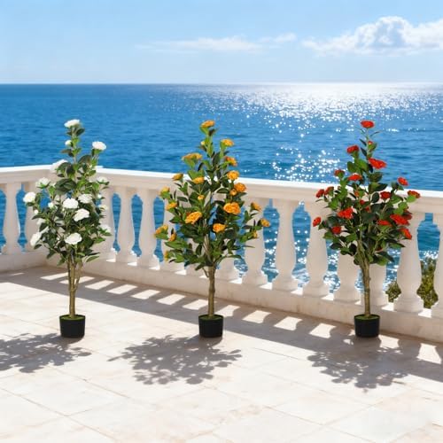 2-Pack 4FT Artificial Camellia Tree,Realistic Fake Potted Plants with Flowers&Planters,Indoor/Outdoor Faux Flowering Trees for Home,Office,Porch,Wedding,and Housewarming Gift Decor,Orange - Image 6