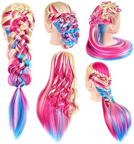 Mannequin Head with Long Synthetic Fiber Colorful Hair Styling Training Head 26-28inch Manikin Cosmetology Doll Head Hairdressing Training Model for Cutting Braiding Practice and Free Clamp Holder - Image 5