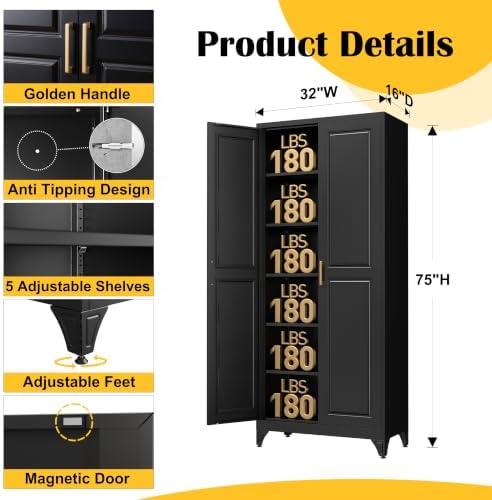 SteeLoong 75”Metal Pantry Storage Cabinet with Doors & 5 Adjustable Shelves - Image 3