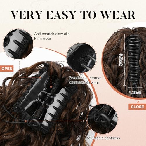 Flufymooz Ponytail Extension, 12" Short Claw Ponytail Extension Wavy Curly Jaw Clip in Pony tails Hair Extension Natural Synthetic Hairpiece for Women (Almond brown) - Image 4
