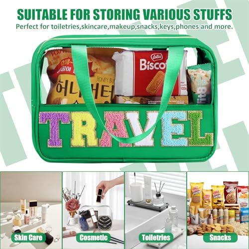 BuyCard Chenille Letter Patch Clear Travel Bags, Preppy PVC&Nylon Makeup Bag with Handle and Zipper, Waterproof Large Clear Travel Toiletry Bag Storage Bag for Women Girls Deep Green - Image 4