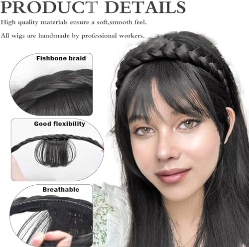 Wig with Bangs and Sideburns Trendy Braided Headband Hair Accessories Braid Headband for Women Hair Extensions Bangs Girls Braided Wigs (Light Brown) - Image 2