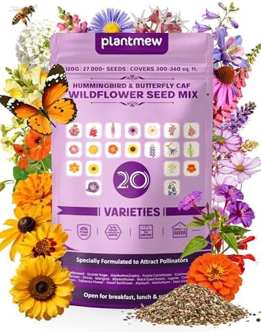 Wildflower Seeds Mix Hummingbird & Butterfly Cafe, 20 Heirloom Varieties, Specially Formulated to Attract Pollinators – High Germination for Outdoor Garden (4oz) by PLANTMEW