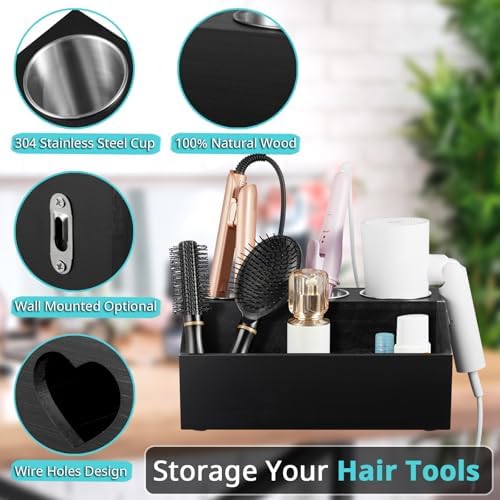 Bivvclaz Hair Tool Organizer, Wooden Hair Dryer Holder Wall Mount, Countertop Hot Tools Organizer for Hair Styling Accessories, Bathroom Supplies Vanity Caddy for Curling Wand, Blow Dryer, Black - Image 3