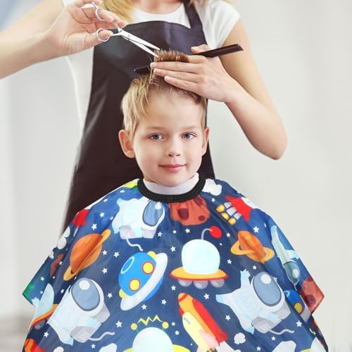 Kids Barber Cape with Neck Duster Brush, Professional Salon Hair Cutting Cape with Adjustable Snap Closure(Cartoon Space) - Image 5