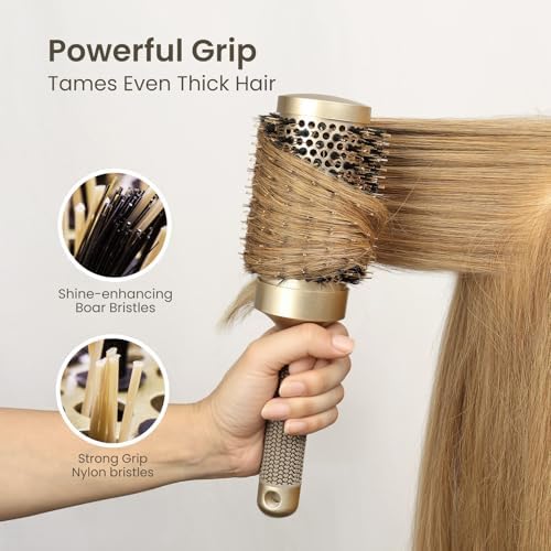 AIMIKE Round Hair Brush, Nano Thermal Ceramic & Ionic Tech, 2.1 Inch Barrel with Boar Bristles for Enhanced Texture, Golden, Hair Drying, Styling, Curling and Shine + 4 Free Clips - Image 5