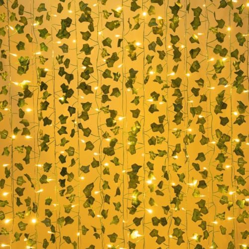12 Pack 84Ft Artificial Ivy Garland, 100 LED Lights Fake Vines UV Resistant Greenery Leaves Fake Plants Hanging Aesthetic Vines for Home Bedroom Party Garden Wall Room by CQURE