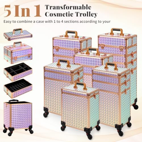 AROUS 5 in 1 Rolling Makeup Train Case with Lid Cosmetology Case on Wheels - Image 2