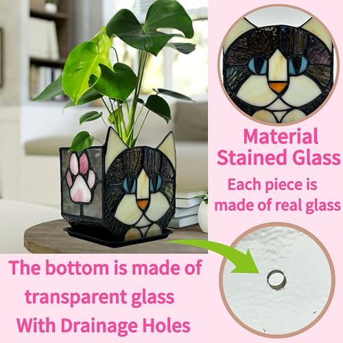 Stained Glass Black Cat Flower Pot,Succulent Pots with Drainage,Unique Black Cat Planter,Flower Pots for Indoor Plants,Glass Container Display Decoration,Cute Plant Gifts - Image 2