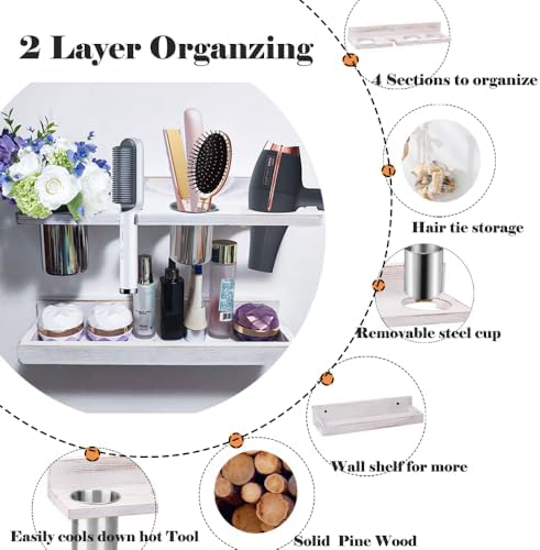 Wall-Mounted Hair Tool Organizer with Heat Resistance - Set of 2 Layer Rustic Blow Dryer Holder (White) - Image 4
