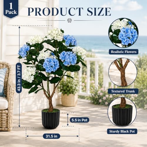 THKFUL 3.6FT Artificial Hydrangea Tree with Pot, Blue & White Faux Hydrangea Plant with Real Wood Trunk, UV Resistant Artificial Flowering Tree for Indoor Outdoor, Front Porch & Living Room Decor - Image 3
