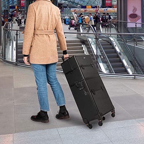mefeir 2 in 1 Rolling Makeup Train Case Professional Cosmetic trolley on Wheels Aluminum Nail Cart Cosmetic Suitcase for professional makeup artist, Luggage Lockable w/4 Removable Wheels (Black) - Image 5