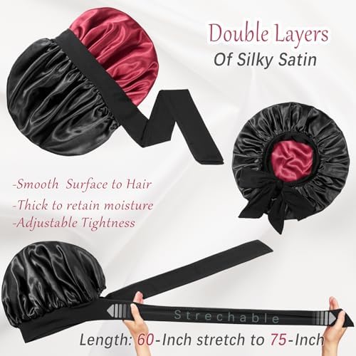 Double-Layered Silky Satin Bonnet with Tie, Large Women Sleep Cap - Image 2