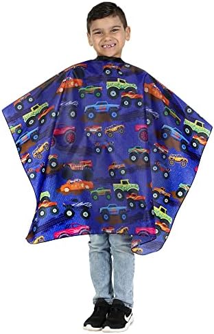 Kids Barber Cape For Hair Cutting at Home or Salon, Barber Shop Haircut Cape for Big Boys Adjustable Neck with Snaps, Monster Truck by PlumHill