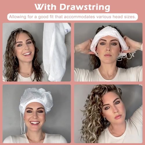 Net Plopping Cap for Drying Curly Hair, Adjustable Net Diffuser Cap Curly Hair, Hair Dryer Bonnet with Drawstring Hair Plopping Bonnet for Fast Drying(COLOR:white) - Image 5