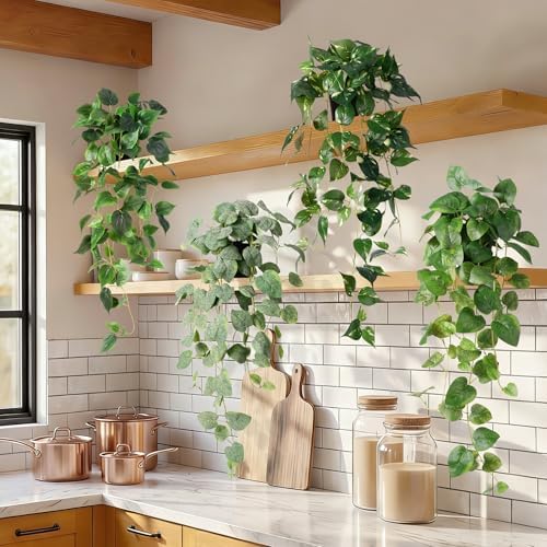 Fake Hanging Plants with Pots, 4PC Artificial Pothos Plant for Indoor Outdoor, Faux Ivy Vines Greenery, 33" Realistic Silk Plants for Wall Home Living Room Office Decor, Green by Unknown