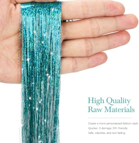 Hair Tinsel 8 Packs 1600 Strands 50 Inch Tinsel Hair Extensions Teal - Image 2