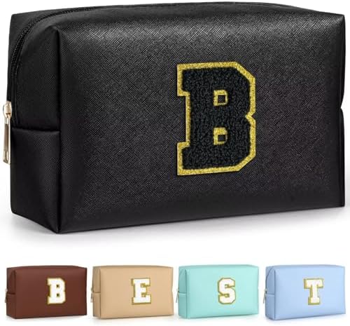 TOPEAST Preppy Patch Makeup Bag, Chenille Letter Pouch Cosmetic Bag, PU Leather Waterproof Toiletry Bag, Personalized Birthday Gift for Women Girl, Cute Stuff for Girls (Black B) by TOPEAST