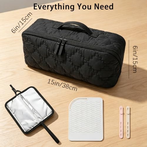 Hair Tools Travel Bag 5-Piece Set with Heat Resistant Mat Insulated Pouch and 2 Cord Straps, Large Fabric Organizer for Hot Brush Curling Iron Flat Iron Hair Dryer, Available in Black - Image 5