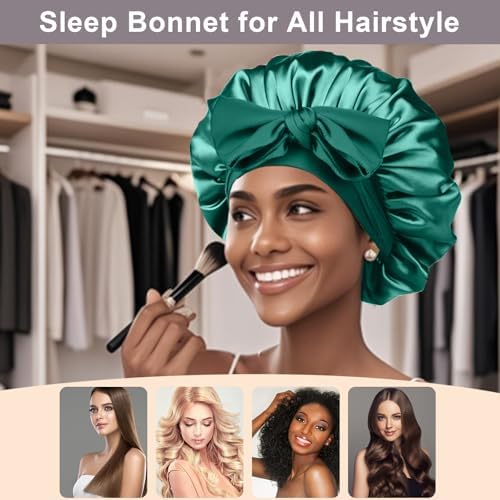 2Pcs Silk Hair Satin Bonnet for Sleeping Women,Large Satin Sleep Bonnets for Women with Elastic Tie Band Silk Hair Wrap with Ajustable Straps,Night Sleep Cap for Curly Braids,Black+Green - Image 4