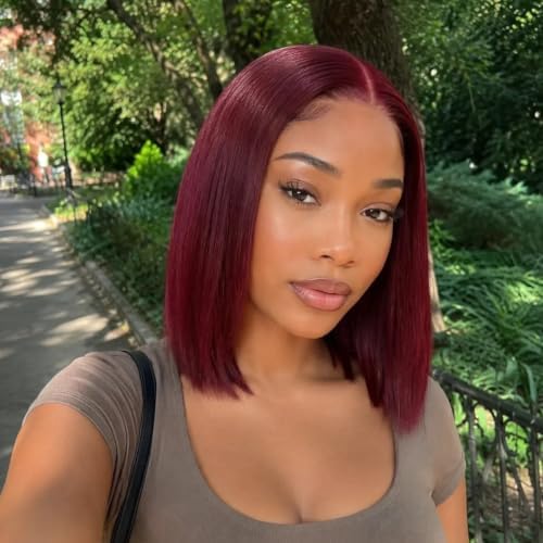 ALHER Short Bob Wig 99J Dark Burgundy, 12A Straight Small Cap 13x4 Lace Frontal Wigs Human Hair Pre Plucked With Baby Hair, Small Cap Wig Size 21-21.5 180% Density for Black Women 12 Inch by ALHERHumanHairWigsBundles