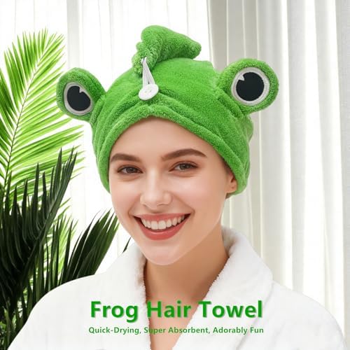 2-Pack Frog Hair Turbans, Super Absorbent Microfiber Hair Towels for Long Hair, Quick Dry, Cute Animal Design, Gift for Women Girlfriend Bestie - Image 7