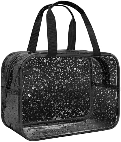 Clear Black Star Large Makeup Bag with Star Pattern 12x5x8 inch, Travel Cosmetic Bag with Handle, Durable PVC Material Washbag Zipper Opening Design for Makeup Travel Organizer or Gym Use by junesters