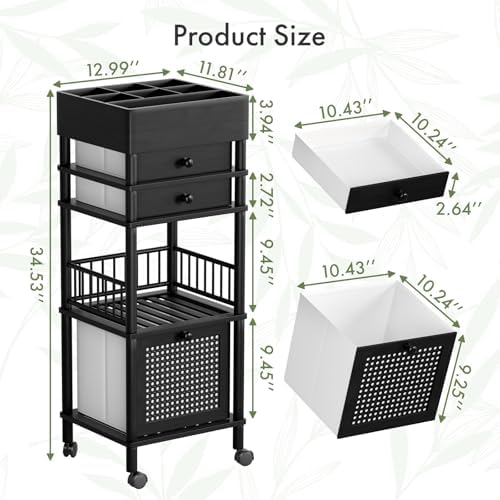 Amazer Bamboo Makeup Organizer Cart with 3 Drawers, Floor Skin Care Storage for Bathroom Bedroom, Rolling Vanity Organizer Cart for Cosmetic, Nail Polish, Perfume and Hair Tools, Black - Image 2