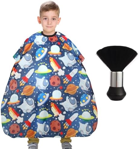 Kids Barber Cape with Neck Duster Brush, Professional Salon Hair Cutting Cape with Adjustable Snap Closure(Cartoon Space) by YELEGAI