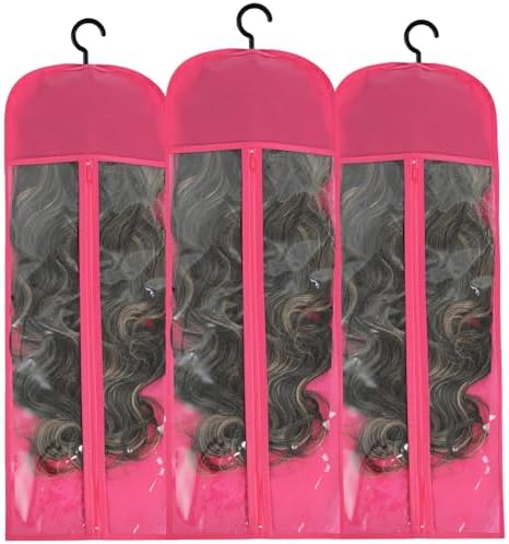 Hair Extension Holder 3Pcs Wig Storage Bags with Hanger, Wig Holder Wig Storage for Multiple Wigs, Breathable Dust-proof Extra Long Wig Bags for Hair Extensions & Accessories (Hot Pink) by AIFIHIYI