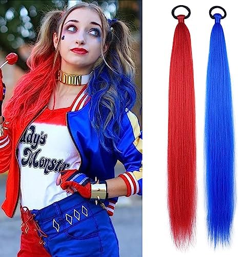 2 Pack Red Blue Contrast 26 Inch Braid Ponytail Extension with Elastic Tie by LyoRuSi