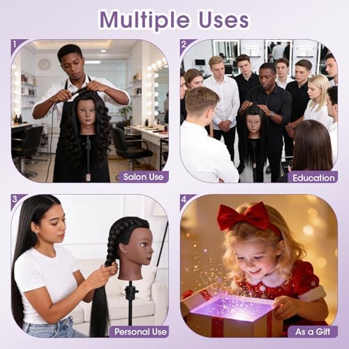 Mannequin Head with 80% Real Hair, 26" Styling Training Head Cosmetology Mannequin Head, Practice Training Doll Head with Clamp Holder and Tools (Black) - Image 7