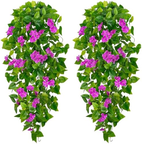 BLEUM CADE Artificial Hanging Flowers for Outdoors, 2pcs Fake Hanging Plants Pothos Vines with Purple Flowers for Wall Home Living Room Indoor Outdoor Decor (No Baskets) by BLEUMCADE