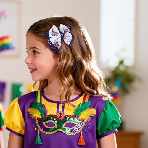 Mardi Gras Holiday Hair Bows for Girls, 3.5in Glitter Purple Sequins Ribbon Costume Bow Alligator Clips for Toddlers Teens Women Fat Tuesday Carnival Parade Accessories Gift Set 2 - Image 3