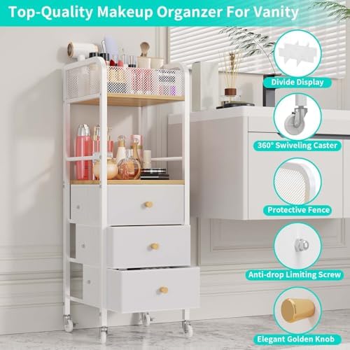 HapiRm Rolling Makeup Cart Organizer - Floor Skincare Make Up Storage with 3 Non-woven Fabric Drawers, Vanity Organizer Cosmetic Display Cases Holder for Skin Care Perfume Nail Polish Brush Hair Tool - Image 6