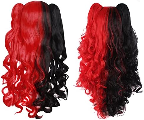 MapofBeauty Lolita Long Curly Clip on Ponytails Cosplay Wig, Black/Red - Image 7