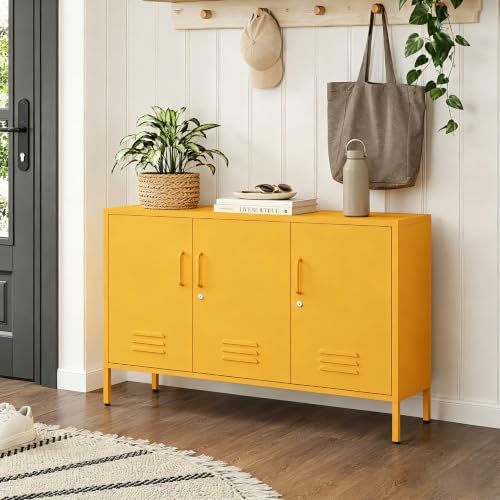 47.5" Wide Yellow Metal Storage Cabinet with Lock and Ventilated Doors, 2 Adjustable Shelves, Heavy Duty Home Metal Accent Locker for Kitchen Office Living Room Hallway by HOME