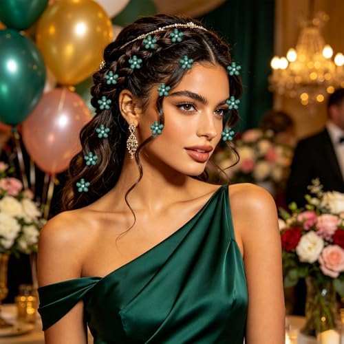 YISSION 20Pcs Mini Dark Green Plaid Flower Hair Clips, Rhinestone Decorative Hair Pins for Women and Girls Wedding Bridal Prom Daily Hairstyle Accessories - Image 4