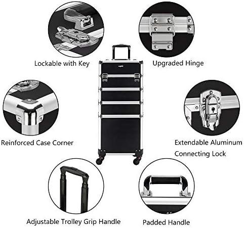 mefeir 4 in 1 Rolling Makeup Train Case, Aluminum Makeup Travel Organizer Cosmetic Case, Cosmetology Display Suitcase on Wheels, Beauty Storage Luggage Lockable w/4 Removable Wheels (Black) - Image 5