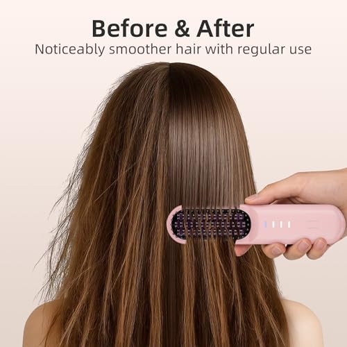 Cordless Hair Straightener Brush Portable Wireless Ceramic Hot Brush for Women USB-C Rechargeable Travel Straightener Negative Ion Anti-Frizz Fast Heating 4 Temperature Settings Auto Shut-Off (Pink) - Image 5